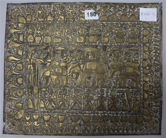 An Indian brass repousse-work panel, 18th/19th century, 31cm x 36.5cm